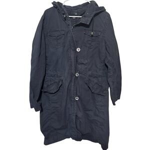 H&M Black Coat Canvas Military Long Zip Parka Hooded Jacket Cotton Womens sz L
